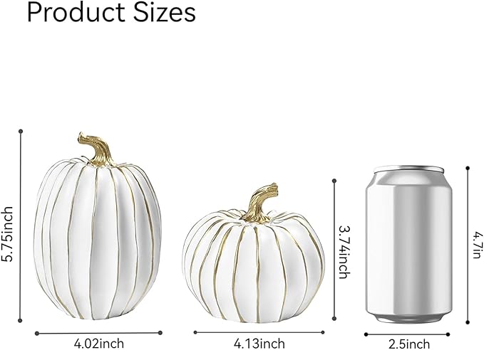 Fall Pumpkin Decor, 2 PCS Resin Thanksgiving Fake Pumpkin Figurines, White and Gold Pumpkins for Decorating, Fall Decorations for Home, Farmhouse, Harvest Table Centerpiece