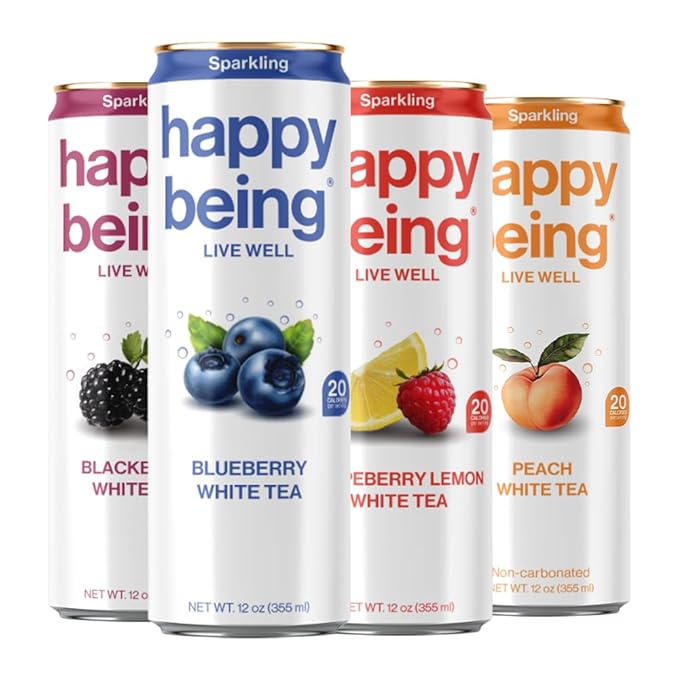 Happy Being Sparkling Nutrient-Rich Sampler Pack White Tea – Infused with Turmeric, Elderberry, Vitamin D3, Caffeine Free, Plant-Based, Low Calorie & Low Sugar Drinks, 12oz (16 Pack)