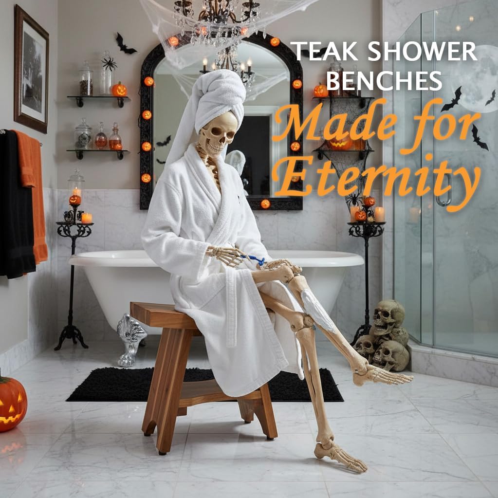 EcoDecors Teak Shower Bench 18", 300 lb Capacity – Waterproof Wood Bath Seat with Shelf, Spa Seating for Adults – Compact Fit for Small Bathrooms & Walk-in Showers – Slip-Resistant Feet