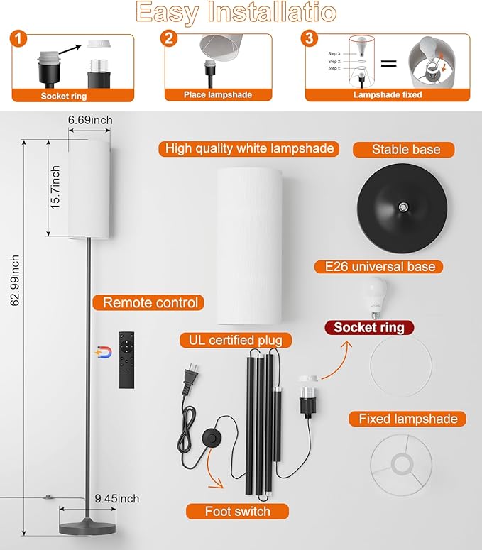 luckystyle LED Floor Lamp for Living Room, Dimmable Standing Lamps with Foot Switch,Remote Custom Color Temperature Black Pole Lamp with Lampshade,12W Led Bulb Tall Lamps for Bedroom Office Kid Room