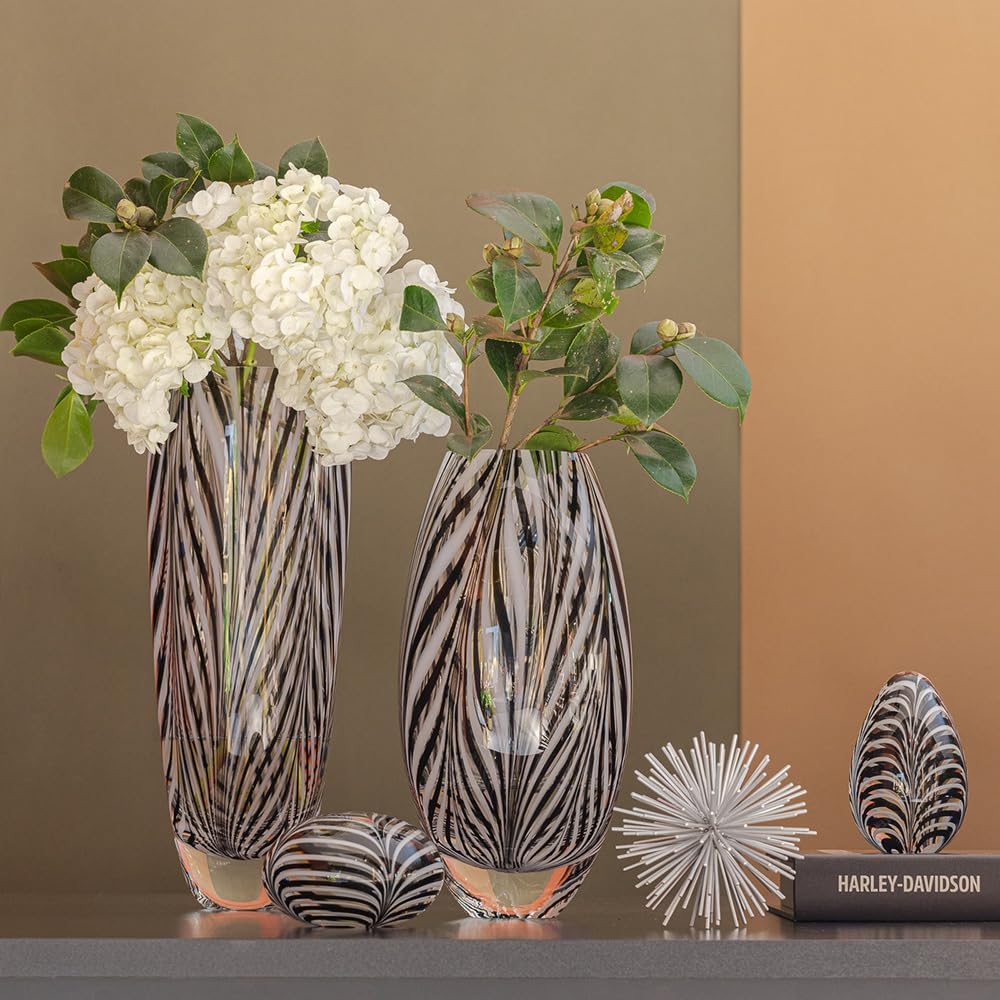 Ca D Oro Murano Style Glass Vase Black and White Feather Pattern Hand Blown Art Glass for Flower, Room Decoration and Centerpiece - Model 54 MS