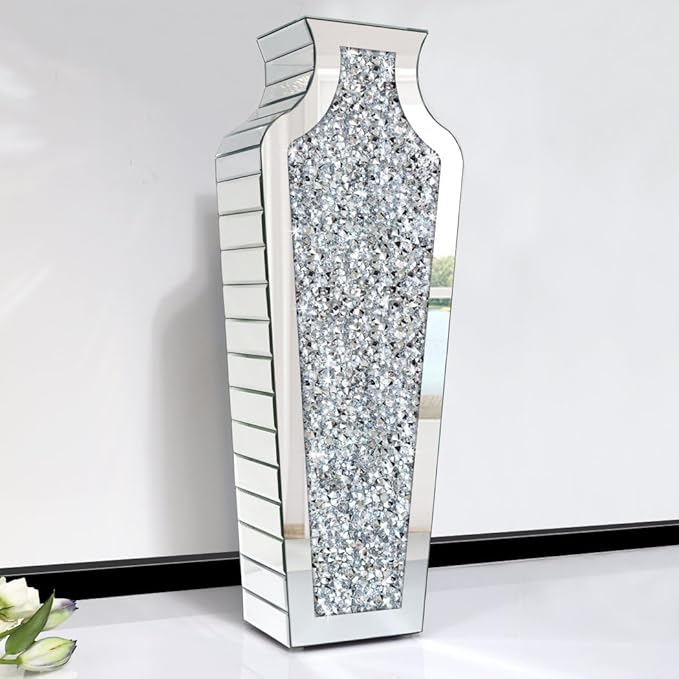 Floor Crushed Diamond Mirrored Vase 27" Tall, Crystal Silver Glass Decorative Mirror Large Size Luxury for Home Decor. Can't Hold Water.