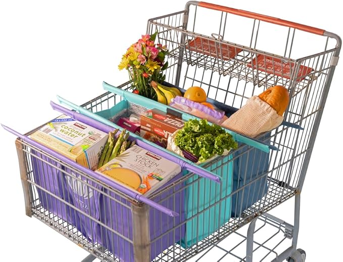 Lotus Club Cart Trolley Reusable Shopping Bags (3-Pack)– Detachable & Reusable Grocery Bags Foldable w/ Insulated Grocery Bag & Egg/Wine Holder– Washable Shopping Totes for Easy Storage & to Save Time