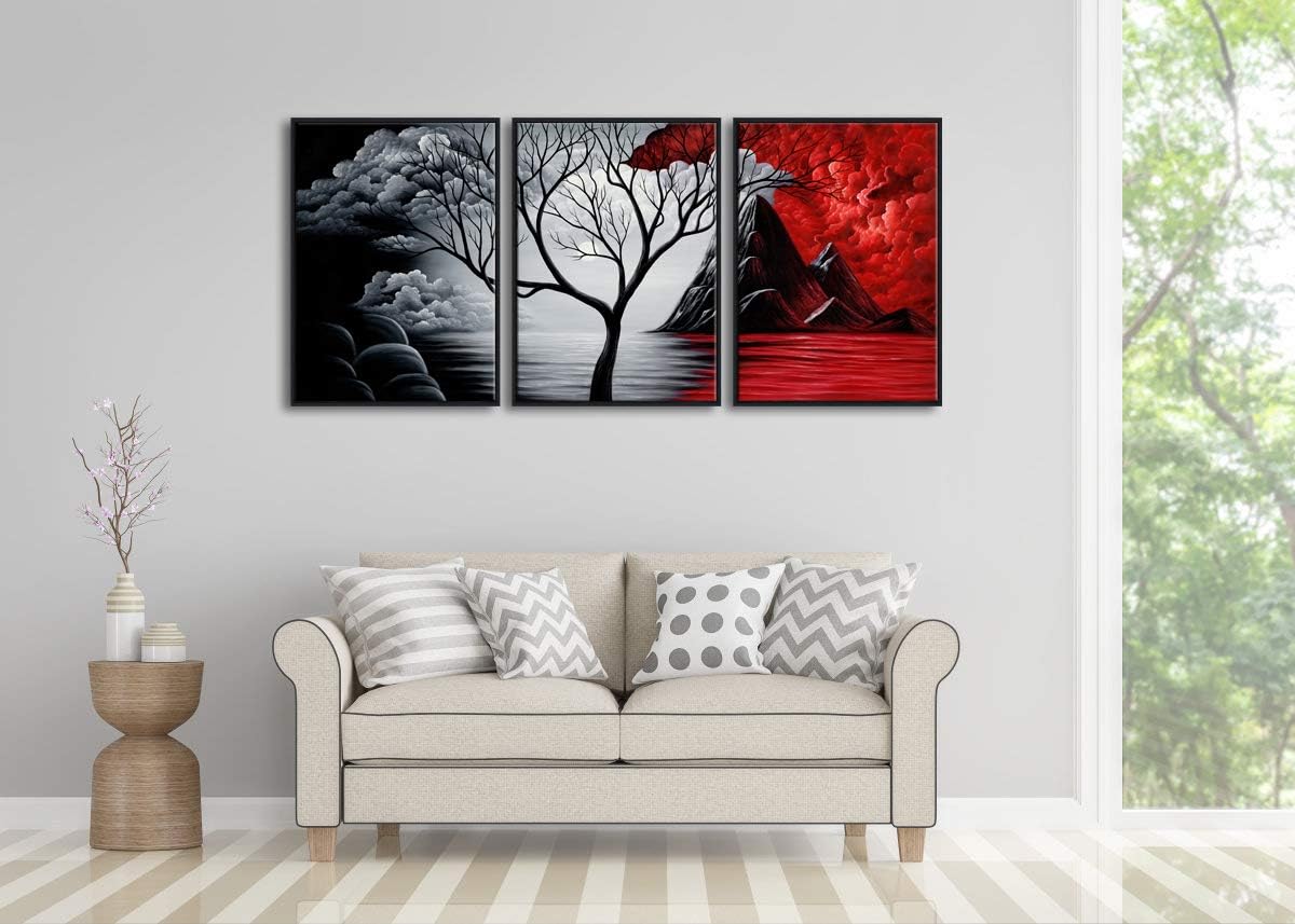 Wieco Art Extra Large Size Framed Canvas Art Prints Wall Art the Cloud Tree Abstract Pictures Paintings for Living Room Home Office Decorations Contemporary Artwork 3 Panels Black Frame