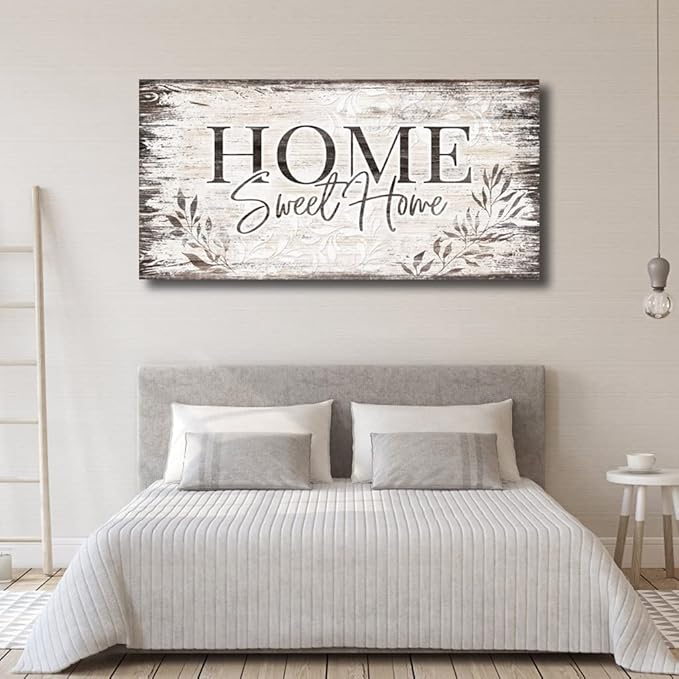 Home Sweet Home Wall Art Sign Large Dark Brown Farmhouse Wall Sign for Living Room Decoration Wooden Board Design Canvas Prints Modern Rustic Artwork Leaf Pictures Wall Decor 20" x 40"