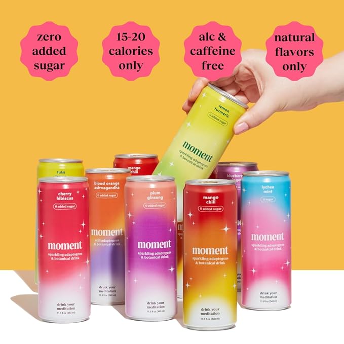 Moment Mocktails Non Alcoholic Drinks (Shark Tank) | SPARKLING Classics Adaptogen Drink | L-Theanine & Ashwagandha for Calm & Clarity | 0 Added Sugar 0 Caffeine | 24-pack