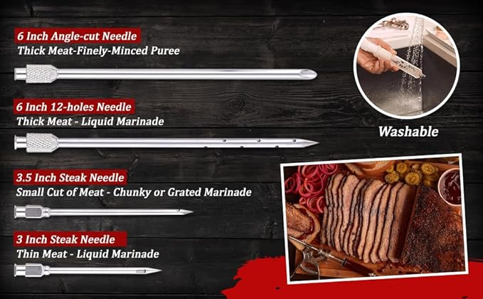 J&B Goods Professional Automatic BBQ Meat Marinade Injector Gun Kit with Case, 2 oz Large Capacity Barrel and 4 Commercial Grade Marinade Needles.