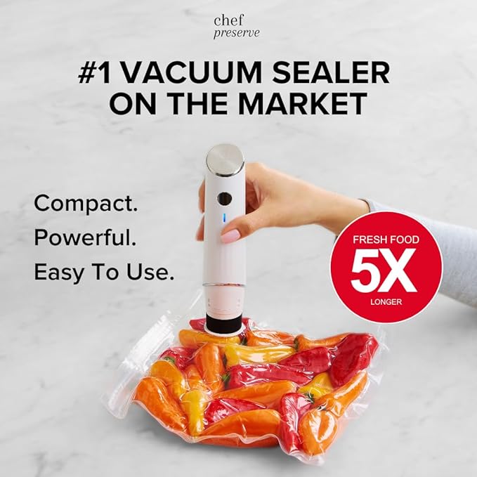Chef Preserve Vacuum Sealer Machine with 3 Glass Containers & 30 Reusable Bags – Compact Handheld Food Saver, Portable Kitchen Vacuum Sealing System for Meal Prep, Food Storage & Freshness