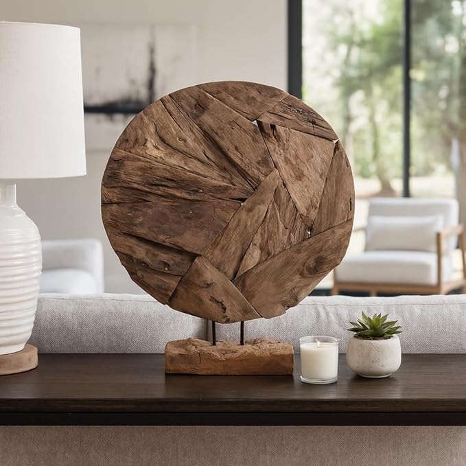 Decorative Home and Office Sculpture – Artistic Round Wooden Accent Perfect for Living Room, Bathroom, and Coffee Table Decor – Unique Rustic Home Statue and Ornament for Shelf Display – 24" Brown