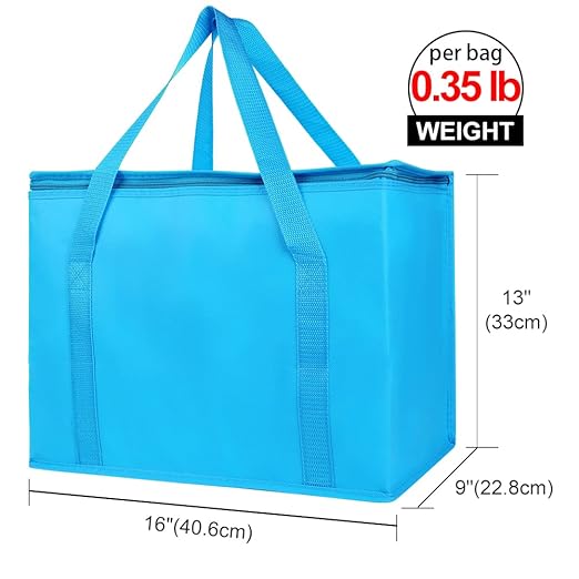 4-Pack Insulated Reusable Grocery Shopping Bag, X-Large Frozen Food Cold, Bodaon Cooler Bags with Zippered Top, Insulated Food Delivery Bag, Blue