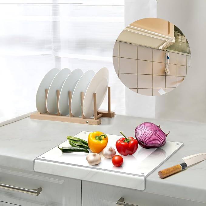 Acrylic Cutting Board with Counter Lip – Clear Cutting Board with Storage Hangers – Non-Slip Countertop Protector with Dual-Sided Tape – Textured Center for Extra Grip – Chopping Boards for Kitchen