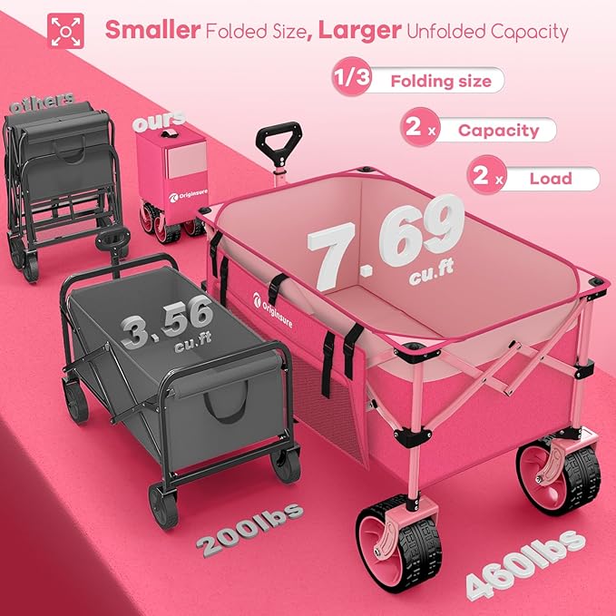 220L Collapsible Wagon Cart Foldable, 460LB Load Capacity Heavy Duty Folding Beach Wagons with Big All-Terrain Wheels, Utility Carts for Groceries, Camping, Sports - Pink
