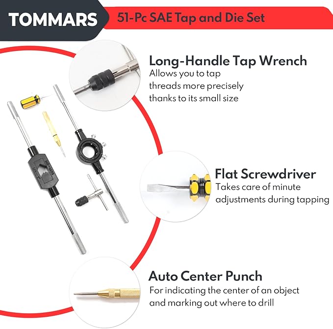TOMMARS 51-Pc 1/4-20 to 1-14 Jumbo Tap and Die Set SAE Round Threading Dies for Threading and Rethreading Internal and External Threads