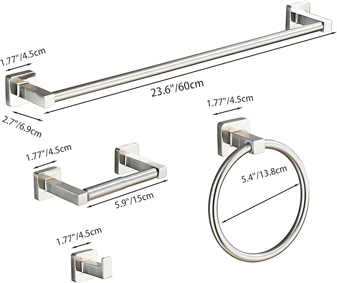 Brushed Nickel Bathroom Hardware Set 4 Pieces,Bathroom Accessories Set Stainless Steel Wall Mounted, Hand Towel Bar, Towel Ring, Robe Towel Hooks,Toilet Paper Holder,Towel Bar Set, 23.6 Inch…