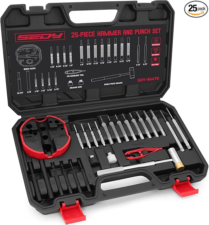 Premium Pin Punch Hammer Set: 25-Piece Punch Set and Hammer with Bench Block, Steel Roll Pin Punch Set, Pin Punches with Replaceable Face Hammer, Mechanical Repair Tool for Maintenance