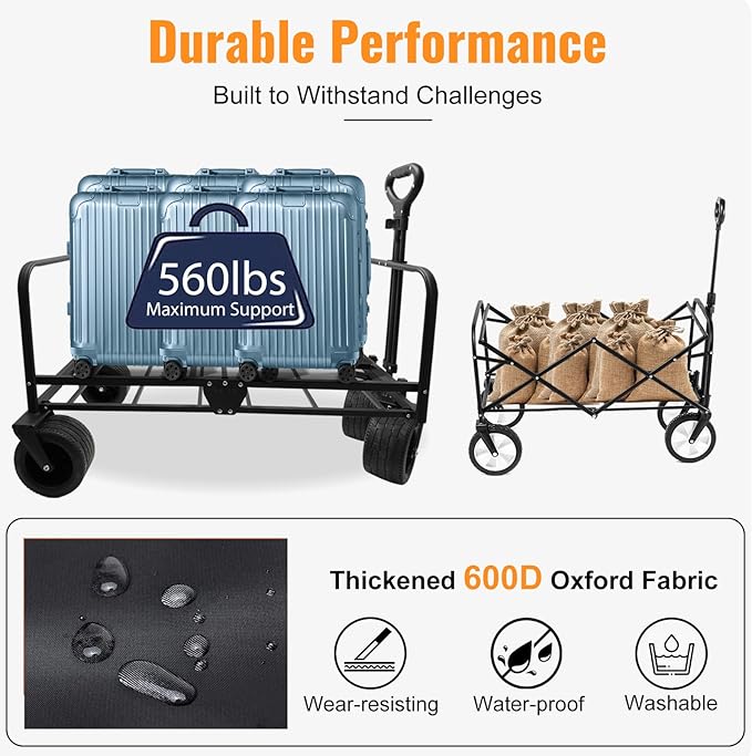Collapsible Foldable Wagon Cart with Wheels 240L Capacity Folding Sports Wagons, 560LBS Load Large 3-in-1 Grocery Heavy Duty Carts for Sand, Beach, Camping