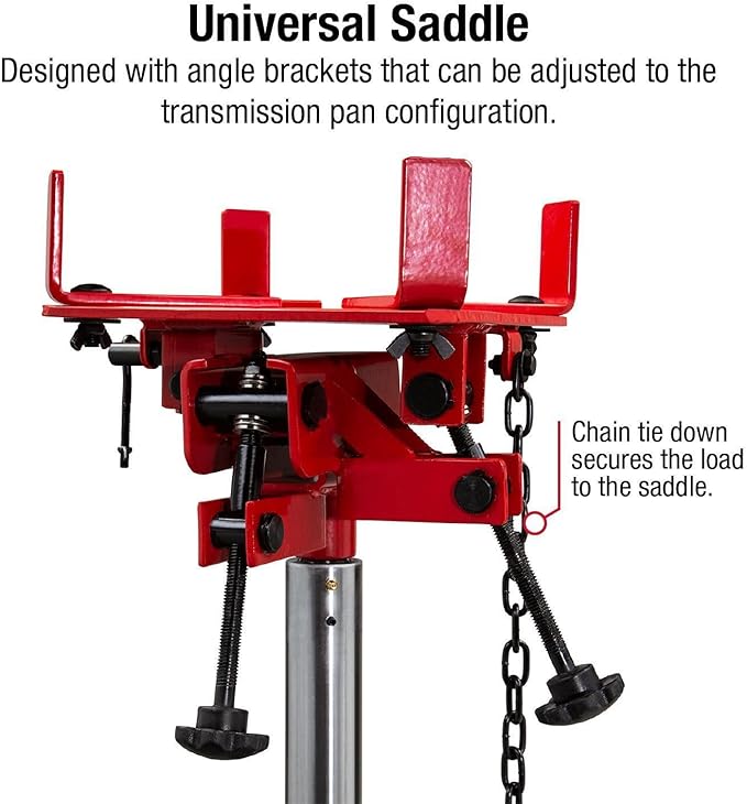 Sunex Tools 7793B 1,000 lb Telescopic Transmission Jack, Hydraulic, Foot Pump Operated, Tilt Saddle with Chain Tie-Down, 74.2 in Max Height