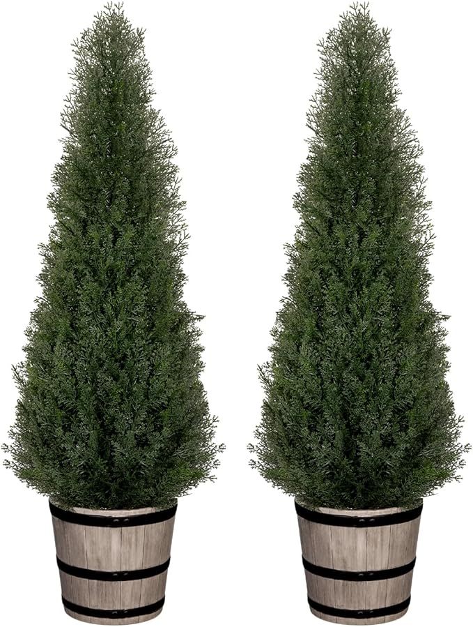 2Pack 3ft Outdoor Artificial Cedar Topiary Trees - Faux Pine in Distressed Oak-Look Planters, for Symmetrical Porch & Entryway Decor