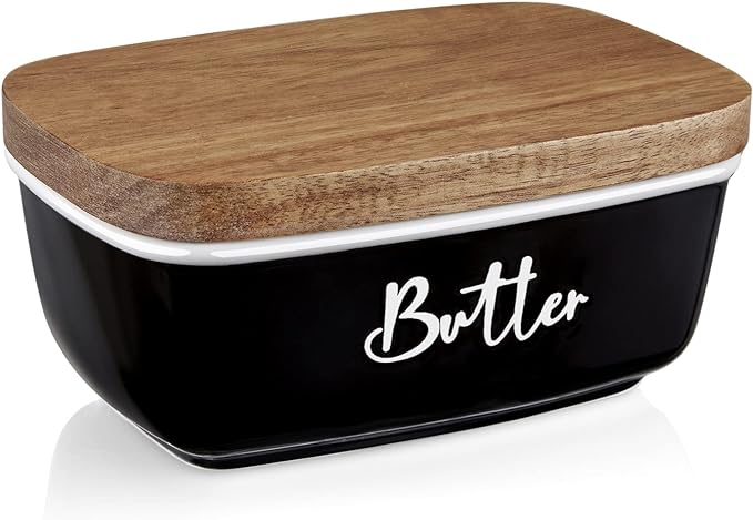 Black Butter Dish, ALELION Large Ceramic Butter Dish with Lid for Countertop, Butter Keeper Container with Acacia Wooden Lid, Kitchen Decor and Accessories for Counter