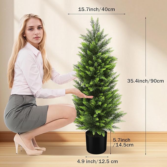 HMASYO 3FT Artificial Cedar Topiary Trees Set of 2, Realistic Potted Fake Cypress Tree Faux Pine Shrubs Plants with UV Resistant for Indoor Outdoor Home Porch Front Door Garden Offices Decorations