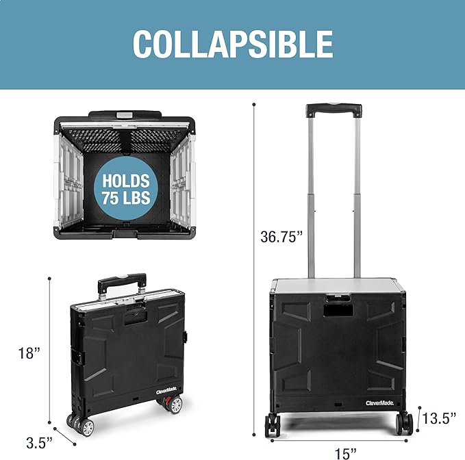 CleverMade Collapsible Wheeled Crate with Lid, 4-Wheels - Swivel and Glide Rolling Crate with Handle and Double Wheels for Easy Transport and Versatile Use - 35L and 75lb Capacity, Black/Cream