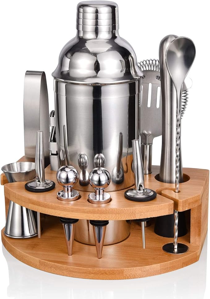 Bartender Kit with Stylish Bamboo Stand, 12 Piece 25oz Cocktail Shaker Set for Mixed Drink, Professional Stainless Steel Bar Tool Set, Gift for Man Dad- Cocktail Recipes Booklet (Silver)