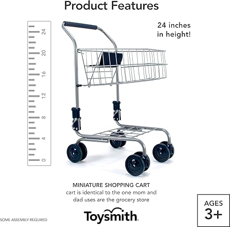 Toysmith Miniature Grocery Shopping Cart – Metal Pretend Trolley for Kids Ages 3+ – Realistic Toy with Sturdy Wheels, Folding Design & Storage – Toddler Role Play Supermarket Accessory, Blue