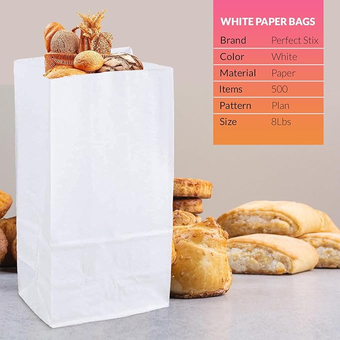 8lb White Paper Bags - Lunch, Craft & Grocery Bags - Pack of 500