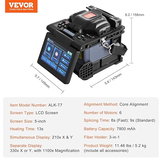 VEVOR Fiber Fusion Splicer 6-Motor, Core Alignment Fiber Optic Splicer 6s Splicing & 13s Heating, with 5" LCD Screen, 7800mAh Battery for SM MM DS NZDS