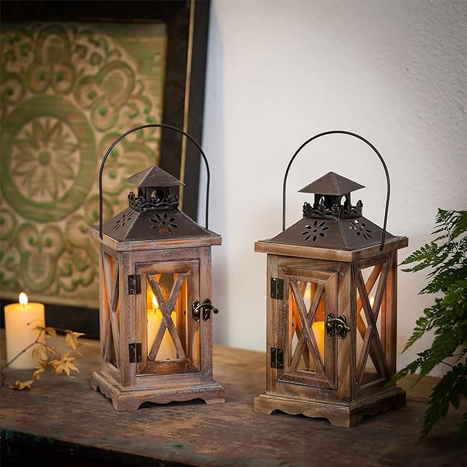 Sziqiqi Farmhouse Lanterns Home Decor Decorative Wood Lantern for Wedding Centerpieces Vintage Brown Candle Lantern for Patio Fireplace Mantel Table Decoration