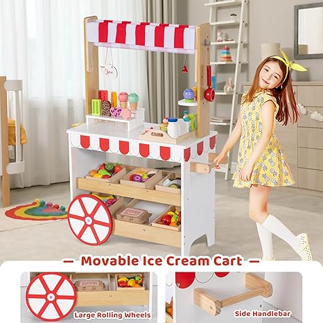 2 in 1 Ice Cream Cart for Kids, Wooden Grocery Store Playset w/ 15 PCS Play Accessories & Display Shelves, Toddler Pretend Play Toy Food Truck Stand with Wheels &Canopy Gift for Girls Boys