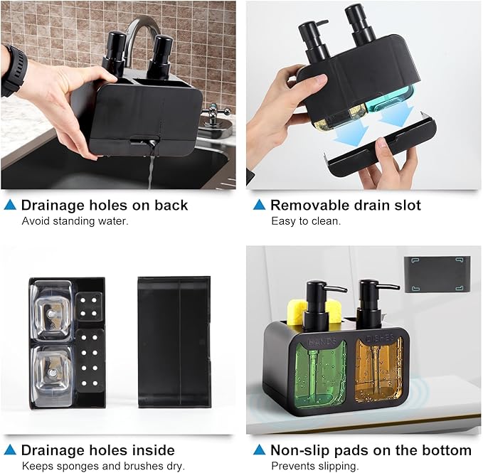 Kitchen Soap Dispenser Set, with Hand and Dish Soap, Sponge Caddy and Brush Holder 4-in-1 Kitchen Dual Soap Dispenser Set for Kitchen Sink, Bathroom - Black