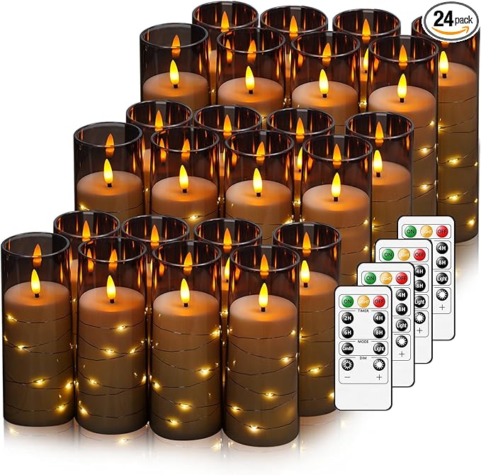 Flickering Flameless LED Candles,Battery Operated Candles 24 Pcs with Embedded Star String,Acrylic LED Pillar Candles with Remote,Suitable for Home Decoration to Create an Atmosphere (Grey)