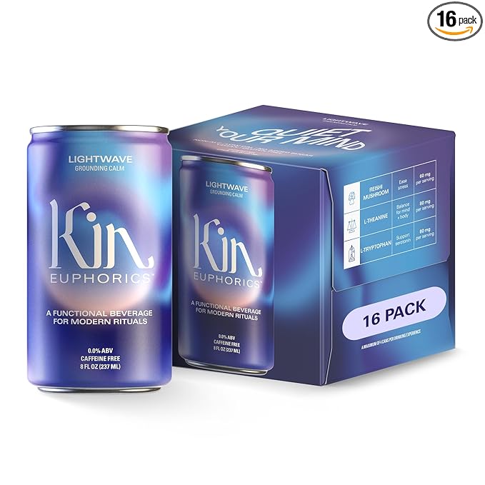 Kin Euphorics Lightwave Non-Alcoholic Functional Beverage | Calm the Mind & Mellow the Mood | Adaptogens, Nootropics, Reishi Mushroom & L-Theanine | 8 Fl Oz (16pk)