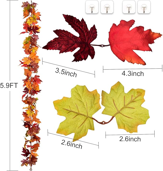 DearHouse 2 Pack Fall Garland Maple Leaf, 5.9Ft/Piece 7 Colors Hanging Vine Garland Artificial Autumn Foliage Garland Thanksgiving Decor for Home Wedding Fireplace Party Christmas