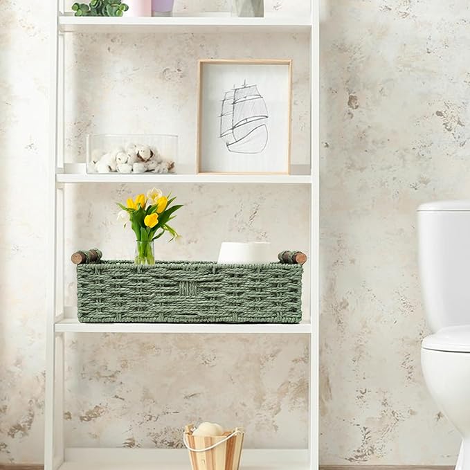 Round Paper Rope Storage Basket Wicker Baskets for Organizing with Handle Decorative Storage Bins for Countertop Toilet Paper Basket for Toilet Tank Top Small Baskets , Green