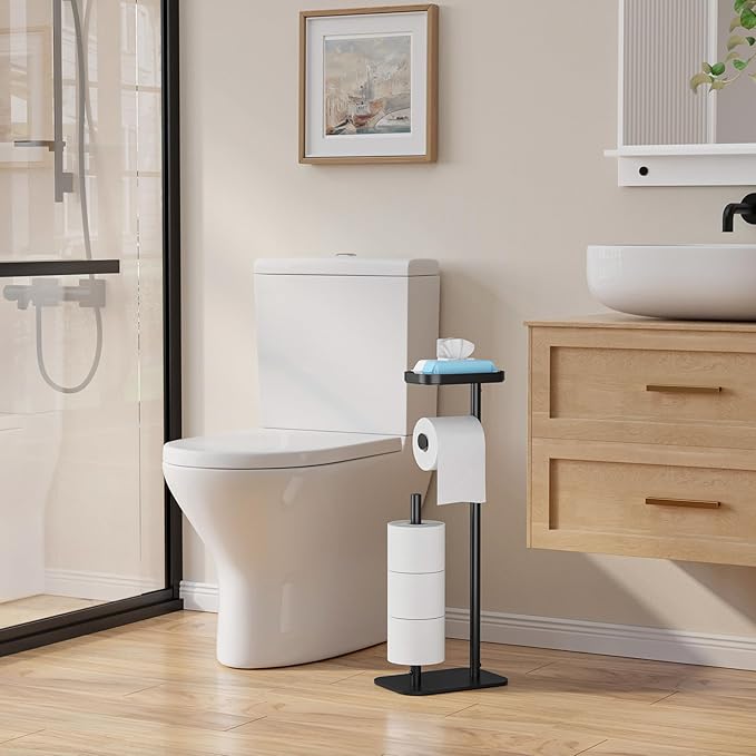Kitsure Toilet Paper Holder Free Standing – Rustproof Metal Toilet Paper Stand for 4 Rolls with Anti-Slip Base and Shelf for Phone & Small Items, Bathroom Organizers and Storage, Medium, Black