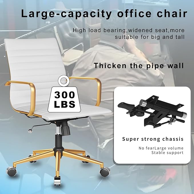 Ergonomic Office Chair with Adjustable Swivel and Lumbar Support, White and Gold Leather Desk Chair for Home Office