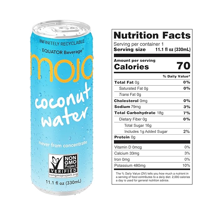 MOJO Coconut Water | Hydration Drink & Sports Drink | Electrolytes Beverage 1043 mg | Vitamin B & C | Hydration Drink for Skin & Body | 11.1 Oz (Pack Of 12)