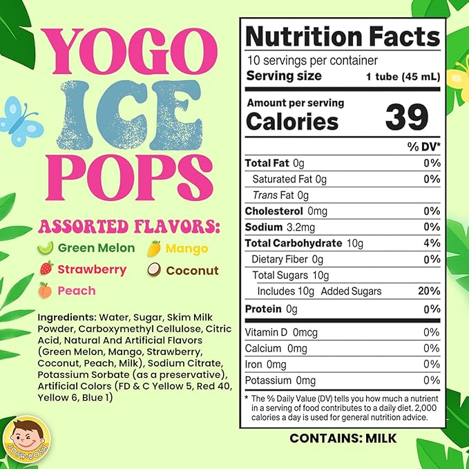 JOSH BOSH Yogo Ice Pops Bulk 20-Pack Case (200 Tubes), Green Melon, Mango, Strawberry, Coconut & Peach – Fat-Free Yogurt Fruit Snacks, 19.8 Lb Box