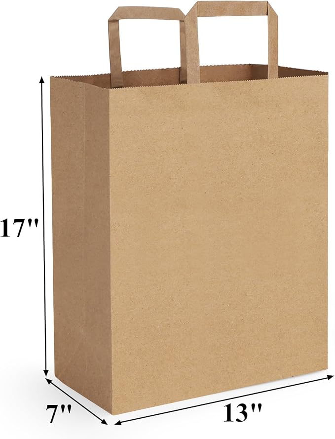 BagDream Paper Grocery Bags 13x7x17 50Pcs Large Grocery Bags with Handles Bulk Recycled Kraft Brown Paper Sacks for Gift, Shopping, Retail, Merchandise, Takeout/To Go