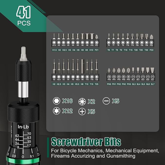 Torque Screwdriver Wrench Driver Set, 8-70 Inch Pounds Torque Screwdriver, 1/4-Inch Drive Torque Wrench Set for Maintenance,Tools, Bike Repairing and Scope Mounting