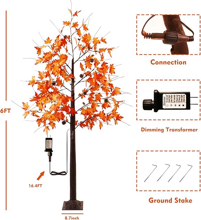 Fall Tree with Lights, 2 Pack 6FT Lighted Maple Tree, Prelit Artificial Tree Thanksgivng Decor, Dimmable Autumn Tree Lights, Lighted Fall Tree for Home Decor Harvest Halloween Decorations