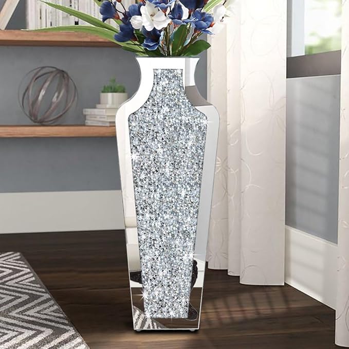 Floor Crushed Diamond Mirrored Vase 27" Tall, Crystal Silver Glass Decorative Mirror Large Size Luxury for Home Decor. Can't Hold Water.