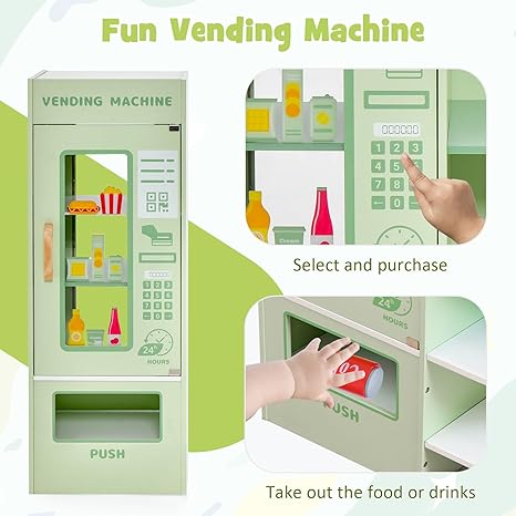 Costzon Pretend Grocery Store Playset, Wooden Supermarket Toy Set for Kids with Chalkboard, Cash Register, Vending Machine, Play Food Accessories, Toddler Play Store, Gift for Boys & Girls, Green