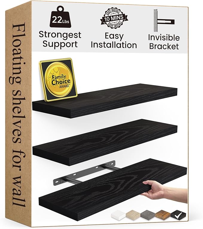 BAYKA Floating Shelves for Wall, Wall Mounted Rustic Wood Shelves for Bathroom, Bedroom, Living Room, Kitchen, Hanging Shelf for Books/Storage/Room Decor with 22lbs Capacity (Black, Set of 3, 15.7in)
