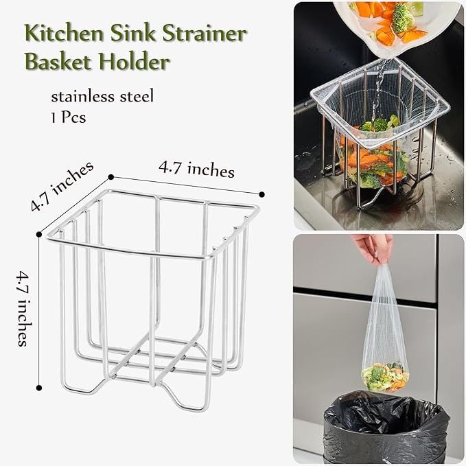 Kitchen Sink Strainer with Sink Basket Holder and 200 Strainer Net Bags,Food Catcher with Drain Filter Mesh Bag,Meshmate Waste Rack Trash Catcher for Leftovers.