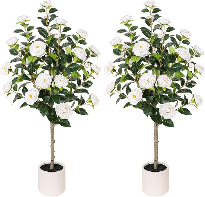47 inch Artificial Camellia Tree with White Flower Pots -2 Pack White Fake Tree,4 Ft Faux Plants Indoor wich Blooming,Artificial Plants for Indoor & Outdoor Home Front Door Decor