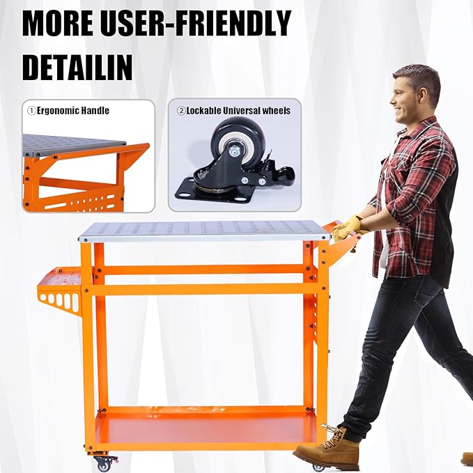 Welding Table: 35"x24" Welding Workbench with 2000LB Load Capacity, Lockable Casters with Brakes, Tool Tray, Tool Slots & 4/5" Fixture Holes