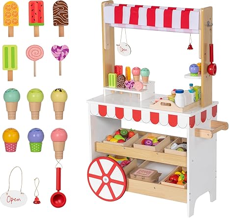 2 in 1 Ice Cream Cart for Kids, Wooden Grocery Store Playset w/ 15 PCS Play Accessories & Display Shelves, Toddler Pretend Play Toy Food Truck Stand with Wheels &Canopy Gift for Girls Boys
